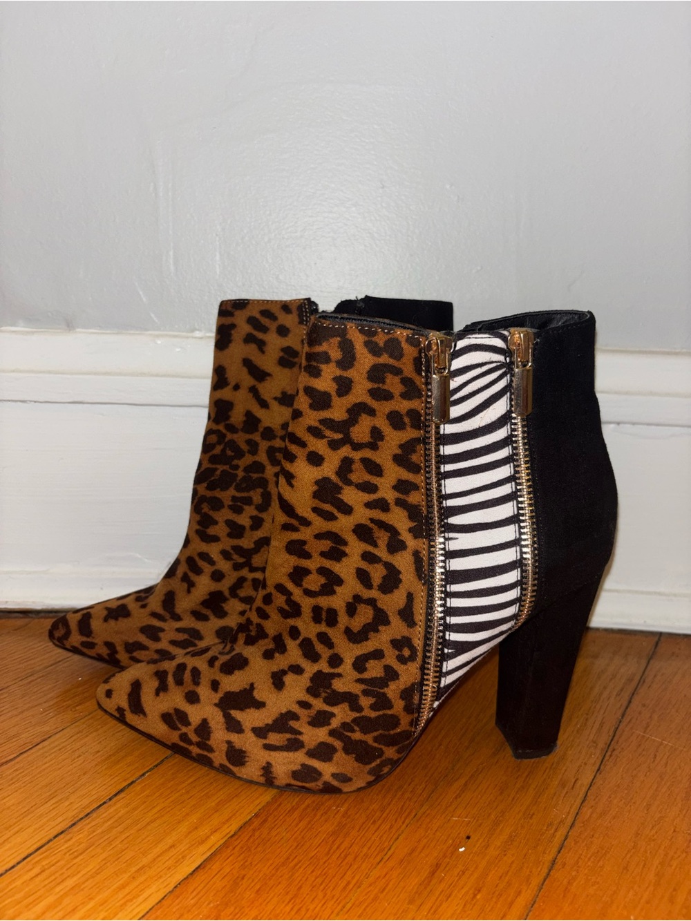 Shoe Dazzle Leopard & Zebra Panel Ankle Booties in Brown, Black, White